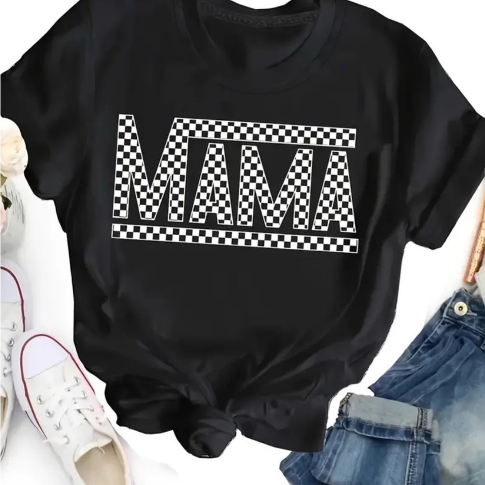 Black Checkered 'MAMA' T-Shirt. EUC. Size large.
